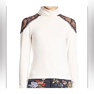 Alice + Olivia Krystalle Ivory Stretch Top with Lace Accents